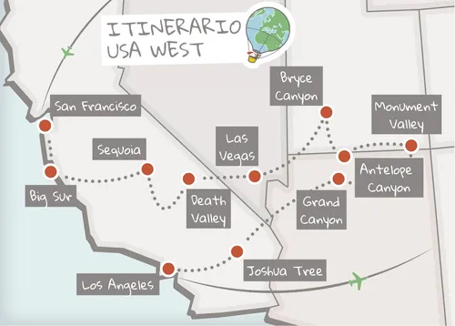 Mappa Itinerario Stati Uniti Ovest
